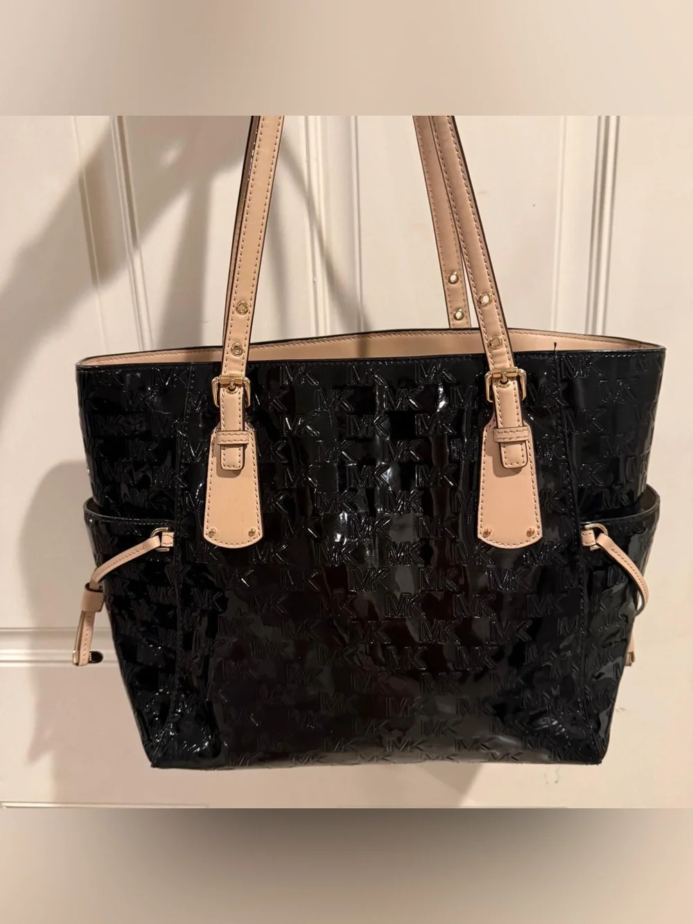 Michael Kors Black Patent Tote with Beige Trim and Dual Straps